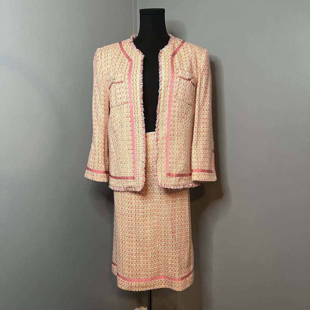 Madison Studio Women 8/10 Skirt & Blazer Tweed Pink Yellow Blue 3/4 Sleeve Chic